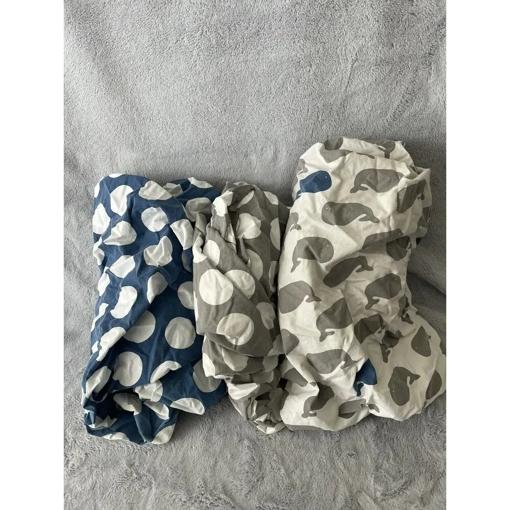 The Land Of Nod Crib Sheet Set Make a Splash Whales Blue Gray Fitted Skirt Quilt